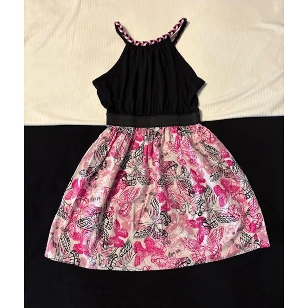 Lilt dress, girls size 7, rope collar, black top, butterfly print skirt